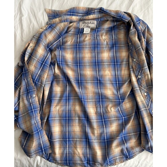 WRANGLER WRANCHER WESTERN PLAID PEARL SNAP SHIRT BLUE BROWN MULTI MENS XL - Picture 3 of 9